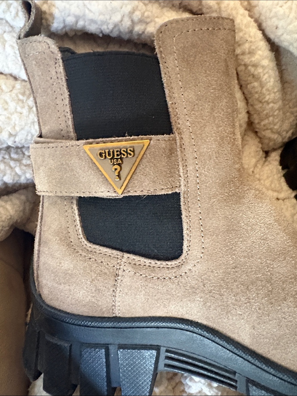GUESS Suede Chelsea Lug Boot in Taupe